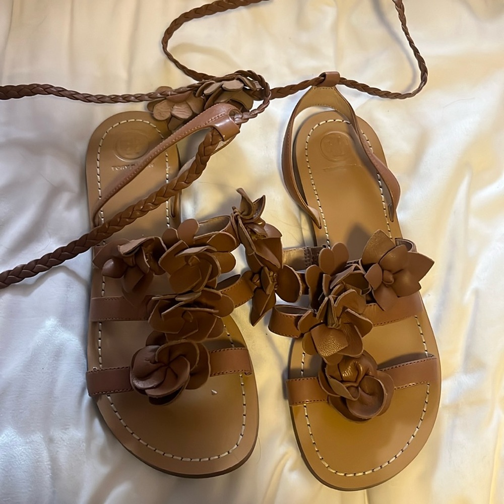 Tory Burch open toe sandals with ankle tie, size 8, only worn once